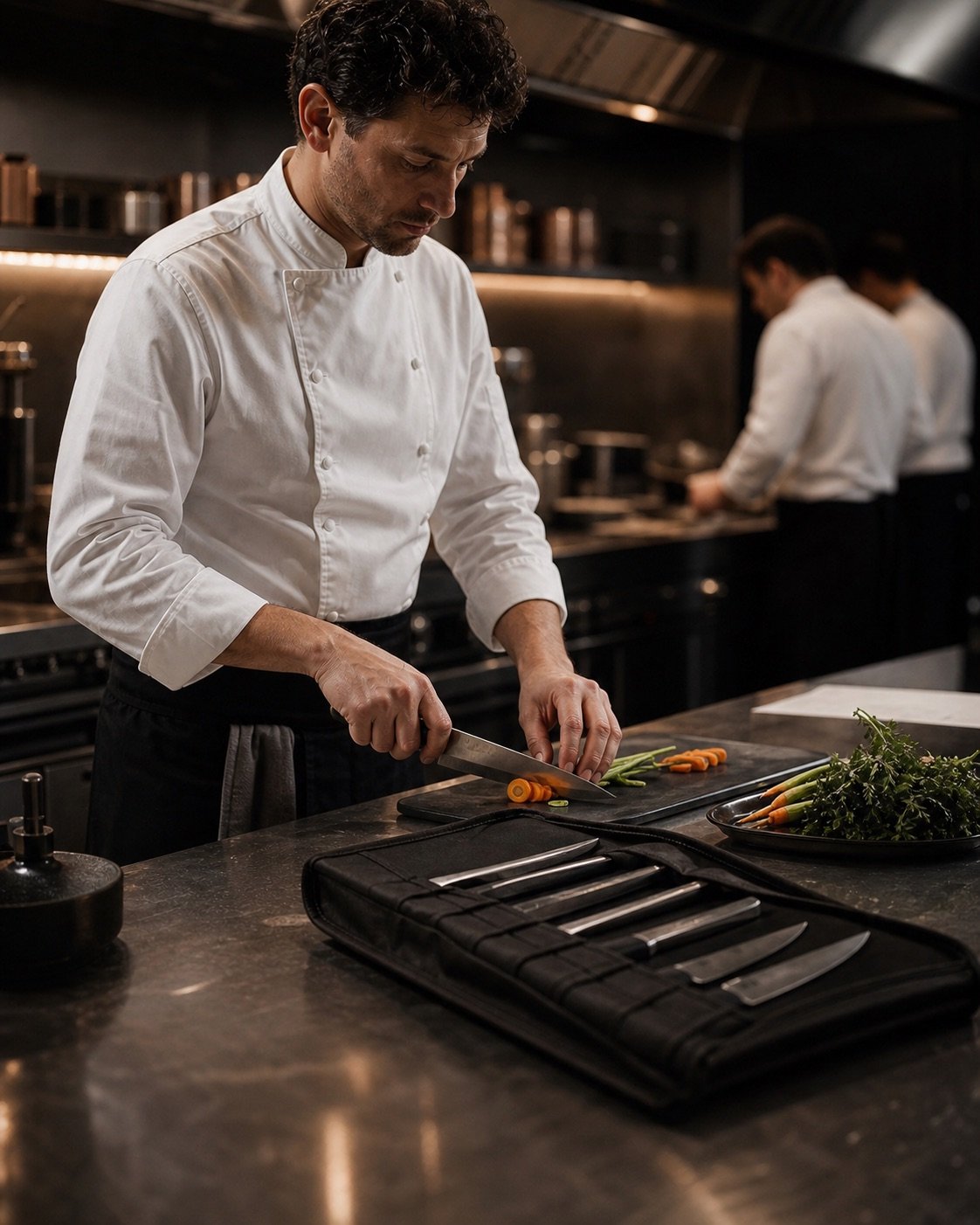 Cocina profesional trabajando con cuchillos de cortesía NOGARIA